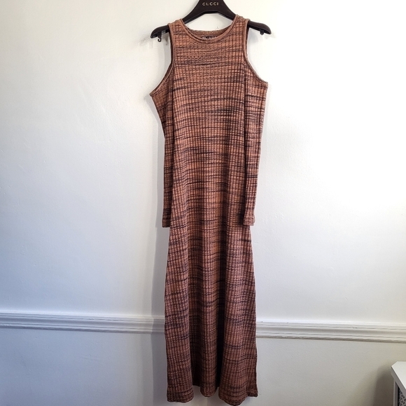New Zara Ribbed Cut Out Cold Shoulder Long Sleeve Brown/Black Midi Dress Small - Picture 9 of 15